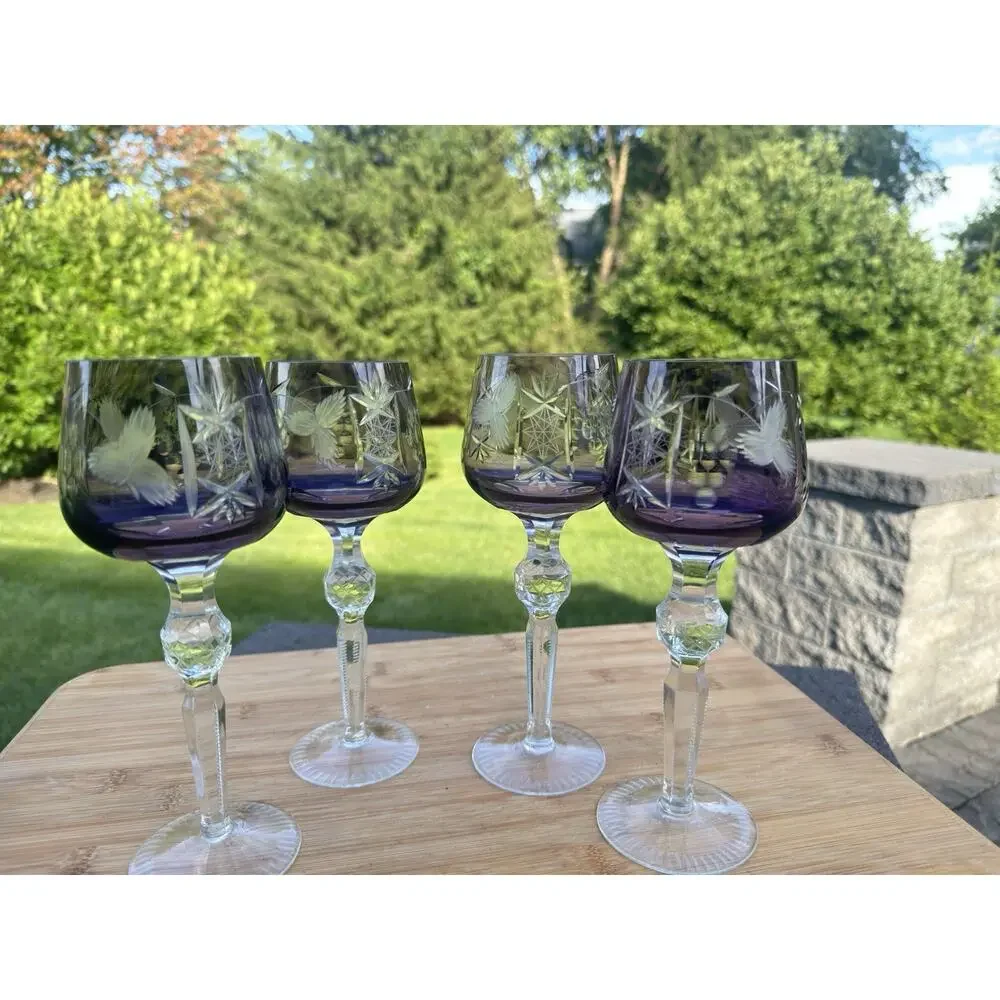 Vintage Bohemian Amethyst Cut to Clear Crystal Wine Glass 8-1/2”~set Of 4